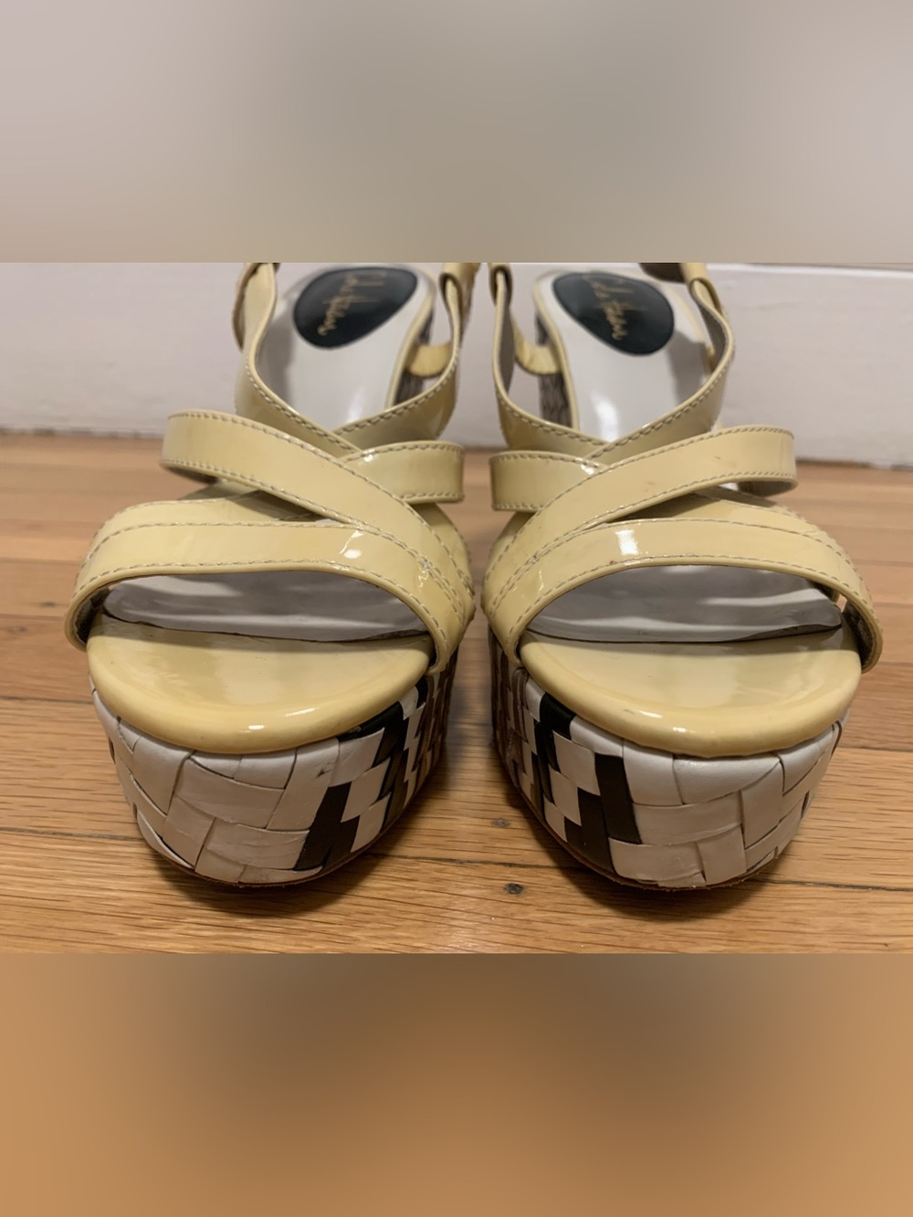 EUC Cole Haan Multi Black/White Woven Hi Wedge Platform Yellow Sandals Size 8.5M - Picture 12 of 14